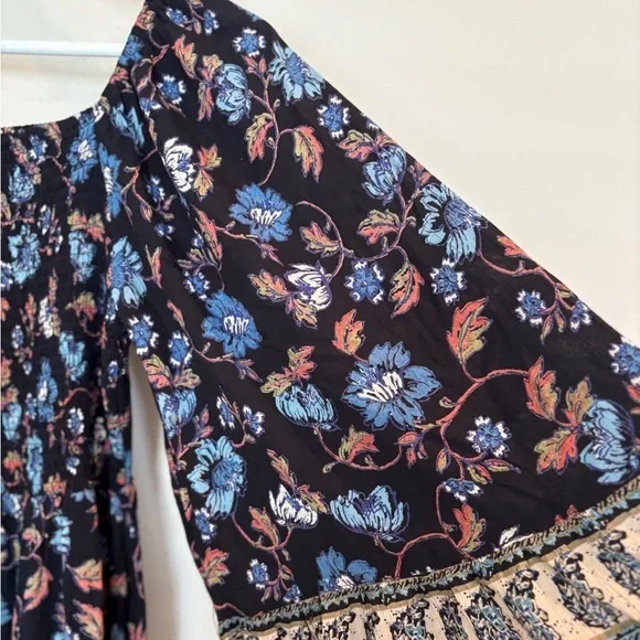 Angie Floral Flare Sleeve Blue Ruffle Smocked Boho Cottagecore Dress Size M - Picture 8 of 16